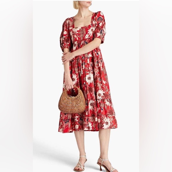 Ulla Johnson Dresses & Skirts - Ulla Johnson Nora Floral Gathered Midi Dress Size 12  Red Puff Sleeve Tiered